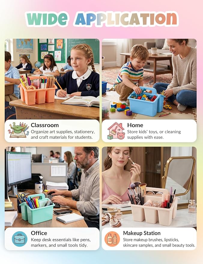 6 Pack Classroom Caddy Organizer with Handle, Table Caddy Classroom | 4 Compartments, 9×6.3×6.7 inches, Thick Durable PP Plastic, Built-in Handle, Stackable Design, for Classroom Desk Office Home