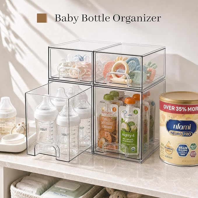 TIPGO Clear Stackable Storage Drawers, Baby Bottle Organizer, Easily-Access Makeup Organizer, Durable Containers for Bathroom Countertop, Pantry and Medicine Cabinet Organizer
