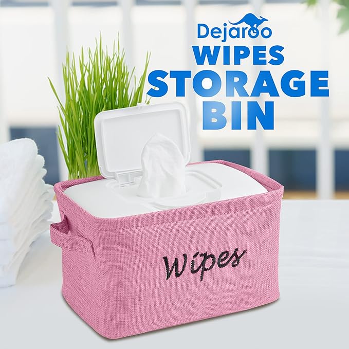 Dejaroo - Baskets for Organizing Wipes and Newborn Essentials, Diaper and Wipes Organizer, Embroidered Baby Shower Gifts for Moms, Linen Basket with Handle, 9 x 6 x 5.5 Inches, Pink