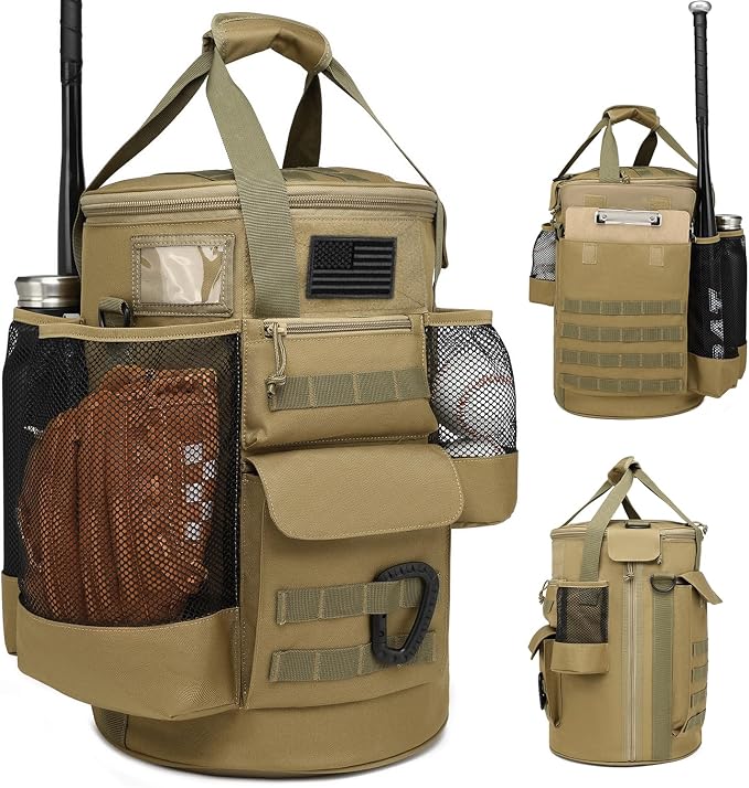 Baseball Bucket Bag Baseball Coaching Accessories Organizer Tactical Style Softball Bucket Bag with Anti-Slip Bottom, Multiple Pockets for Bat, Gloves, Scoreboards