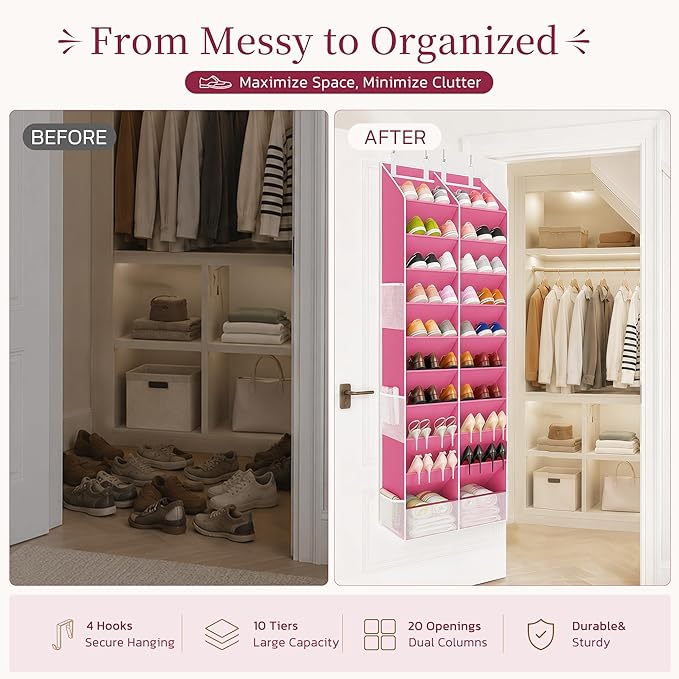 Criusia Over the Door Shoe Organizer, 20-30 Pairs Heavy-Duty Hanging Shoe Storage with Large Pockets, 10-Tier Door Shoe Rack with 4 Hooks for Sneakers Sandals Heels Boots (Pink)