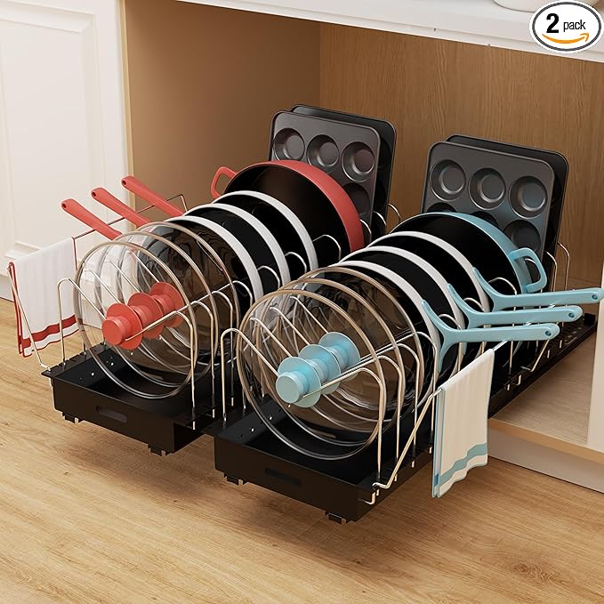 Golener Pots and Pans Organizer Under Cabinet, 22" Deep Expandable, 2 Pack | Pot Organizers inside Cabinet with 10 Adjustable Dividers & Handrail, No Drill Pot Lid Holder, Sliding Pot Lid Holder