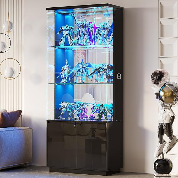Lvifur 71” Glass Display Cabinet with Lights, Modern Curio Cabinet Display Cases for Collectibles, Locking Cabinet with Shelves & Drawers, Tall Bookcase with Human Body Sensor for Living Room (Black)