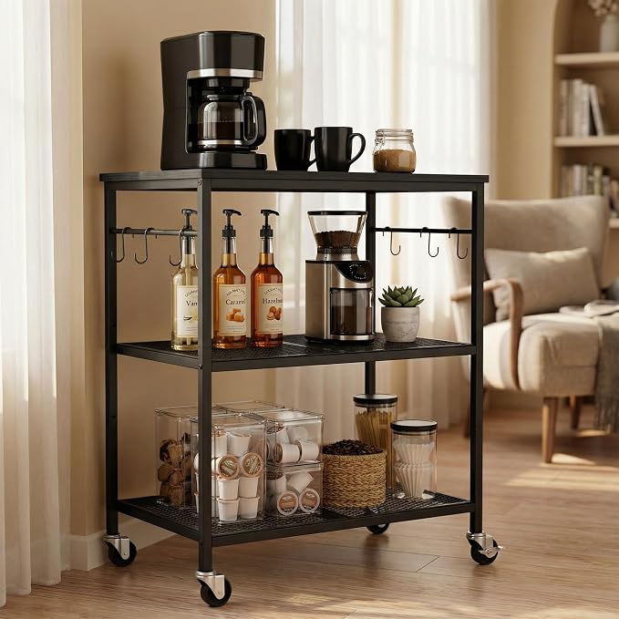 Homleke 3-Tier Rolling Kitchen Microwave Cart, Utility Cart | with Lockable Wheels Coffee Bar Table Station with 6 Hooks, Small Appliance Storage Shelf, Black