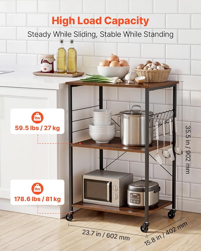 VEVOR Kitchen Utility Cart, 3 Tier 23.7 in Microwave Stand Coffee Cart, Heavy Duty Storage Rack, Service Trolley on Wheels, Industrial Rolling Work Table with 8 Hooks, for Mini Oven, Toaster, Vintage