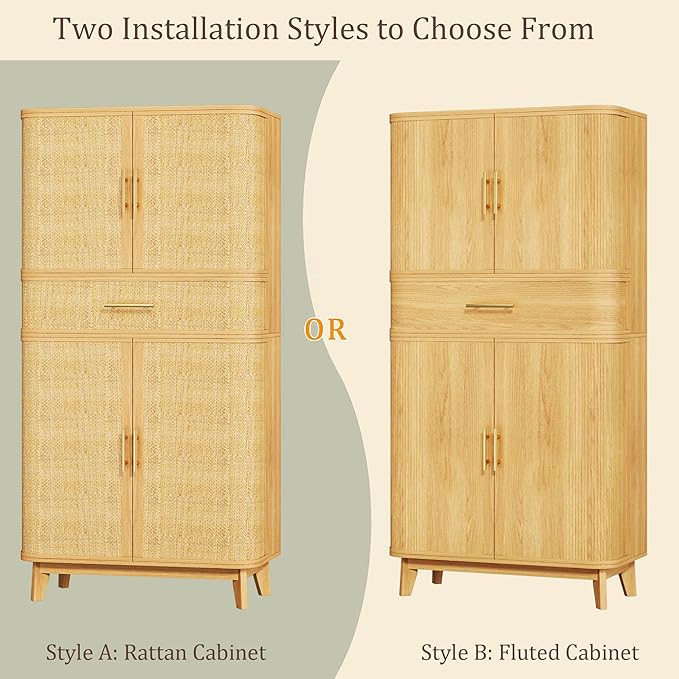 HUAHUU 71" Pantry Cabinet with Drawer, Kitchen Pantry Storage Cabinet with 4 Doors, Modern Curved Storage Cabinets with 10 Large Storage Spaces for Dining Room, Living Room, Oak