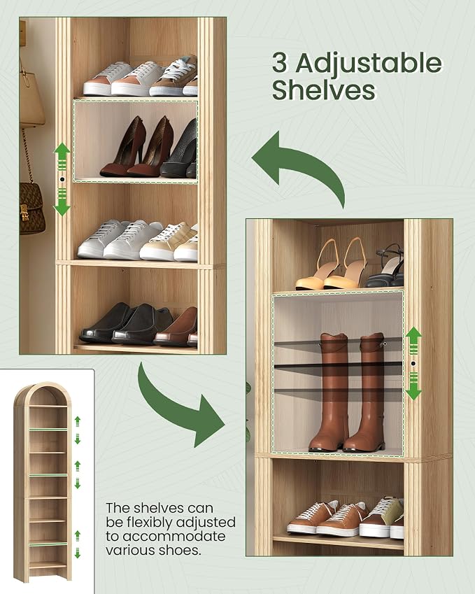 CHOEZON 71" Tall Arched Shoe Cabinet, 8-Tier Shoe Storage Cabinet, Shoe Rack with 3 Adjustable Shelves, Freestanding Shoe Organizer for Entryway, Foyer, Hallway, and Living Room, Natural MSC04NL