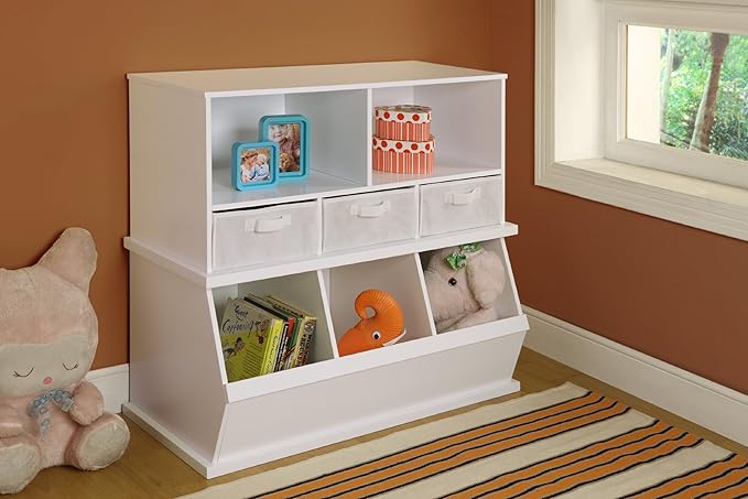 Badger Basket Stackable Toy Storage Organizer - 5-Shelf Modular Unit with 3 Removable Fabric Bins, Solid Panel Construction, Expandable Design for Toys and Crafts - White