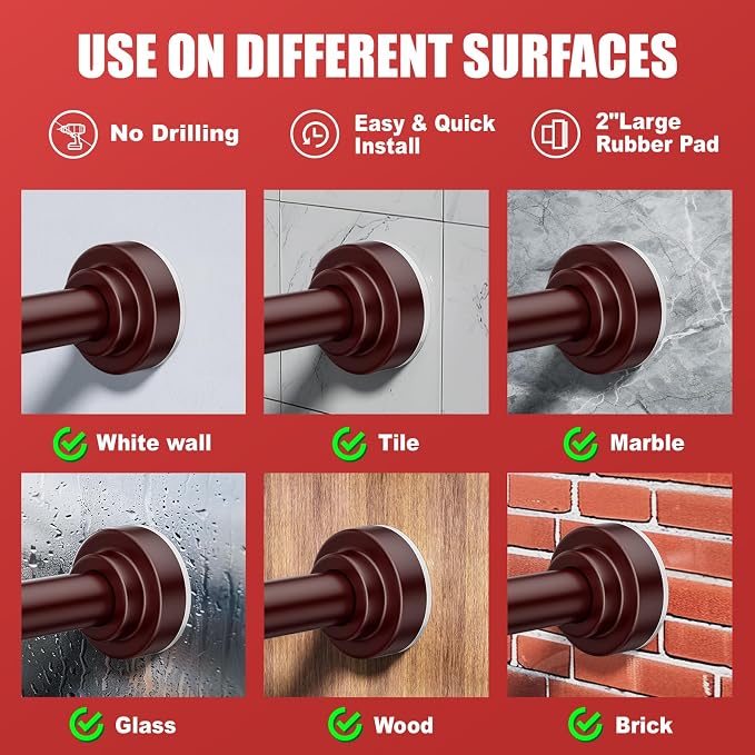 Ausemku Shower Curtain Rod - 32-104 Inch Rustproof Tension Rod, Non-Slip Spring Design, No Drilling Adjustable Curtain Rod for Bathroom, Kitchen, and Closet（Brown）