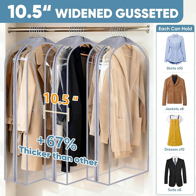 BALEINE 60'' Clear Garment Bags, 10.5'' Wide PEVA Suit Bag for Closet Clothes Dresses Suit Coats Storage (Clear, 6PK)
