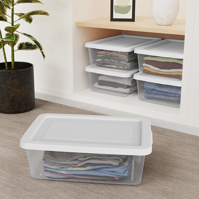 Sterilite 12-Pack Clear Storage Box, Stackable Container Bins with Lids, 12 Qt, White – Plastic Containers for Home, Closet, Bathroom, and Office Organization