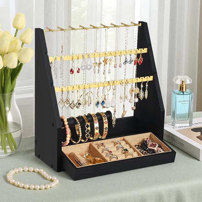 DGWJSU Jewelry Organizer Stand, 5 Layer Earring Holder Organizer with Necklace Holder, Rustic Wood Earring Organizer Display for Stud Earring Bracelet Necklace Ring, Watches (Black Gold)