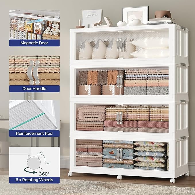 300GAL Plastic Storage Bins with Lid, 1200QT Extra Large Stackable Closet Organizers and Storage, Collapsible Storage Boxes with Wheels, Folding Cabinet for Home Kitchen Office, 5Pack White