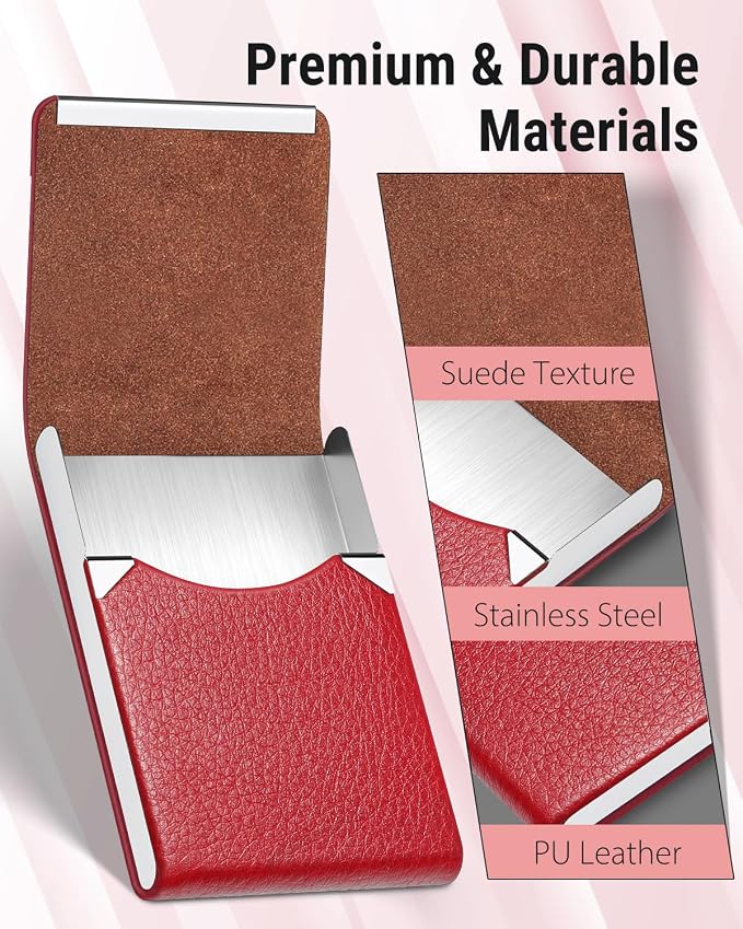 MaxGear Business Card Holder, PU Leather Business Card Case, Red | Stainless Steel Interior, Magnetic Closure, RFID Blocking, Holds 15–25 Standard Business Cards