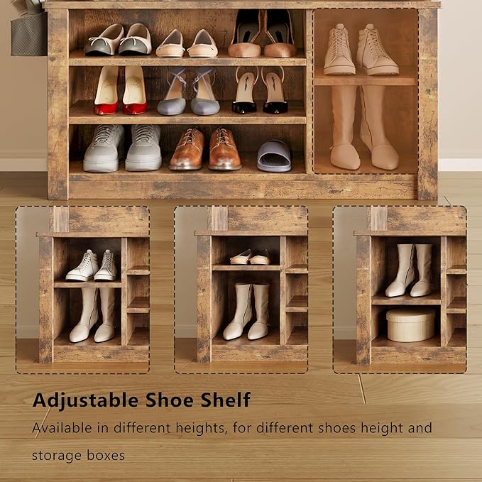 Aiho Entryway Hall Tree with Bench and Storage, 5-in-1 Hall Tree with Coat Rack, Adjustable Shoe Bench, 2-Tier top Storage, for Hallway, Entryway, Bedroom, Rustic Brown