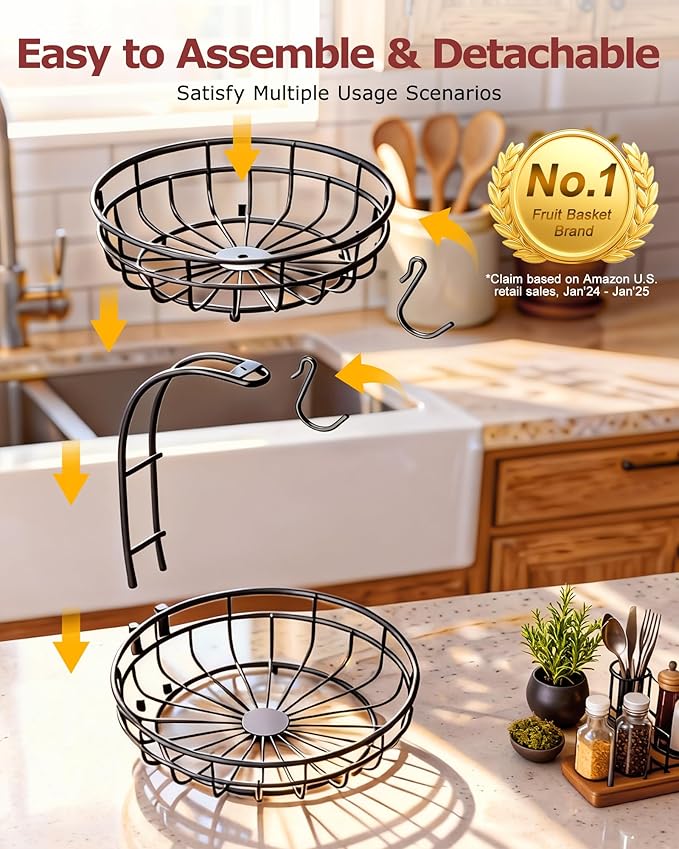Sevenblue 2 Tier Modern Fruit Basket for Kitchen Counter with 2 Banana Hook | Space-Saving Vertical Storage for Veggies, Bread, Snacks, Fits Under Cabinets, Includes Protective Mats to Prevent Bruising