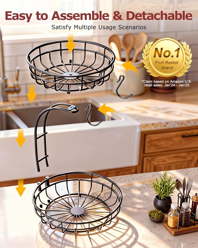 Sevenblue 2 Tier Modern Fruit Basket for Kitchen, Black, Extra Large | Space-Saving Vertical Storage for Veggies, Bread, Snacks, Fits Under Cabinets, includes 2 banana hooks and protective mats