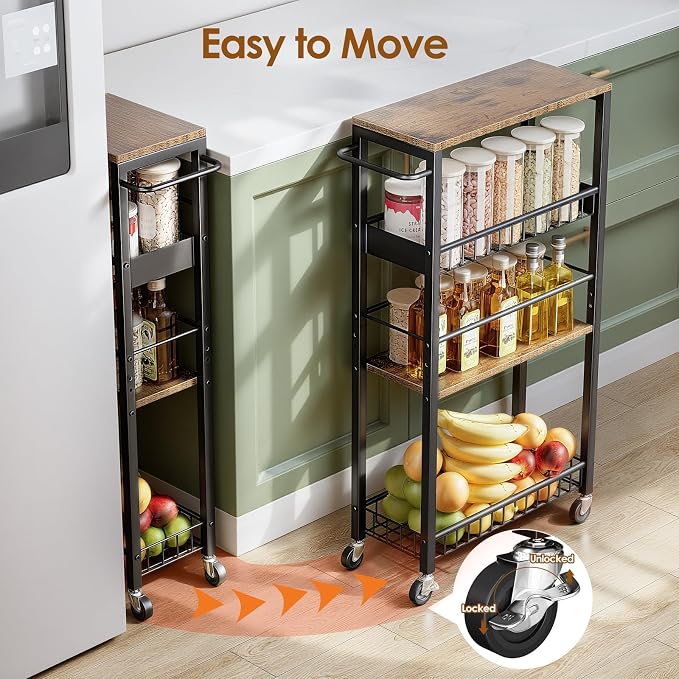 Slim Rolling Storage Cart, 4 Tier Narrow Storage Cart, 7.1in(W) | Metal Kitchen Rolling Cart for Small Spaces, Narrow Shelf for Kitchen, Laundry Room, Bathroom, Living Room