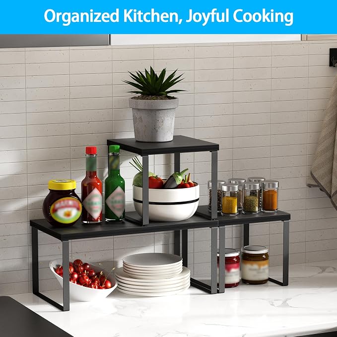 Golener Countertop Organizer Corner Shelf, 2 Tier Adjustable Stackable Corner Shelves for Kitchen, Bathroom, Spice Rack, Coffee Area, Cabinet, Dresser Table, Corner Counter Shelf Stand, Classic Black