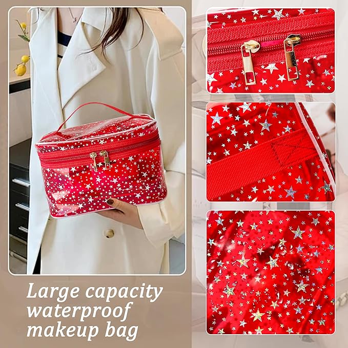 Star Print Black PVC Makeup Bag with Handle - 8.66 * 5.51 * 5.51 inch,Clear Storage Bag Toiletry Pocket Portable Zippered Pouch Waterproof Cosmetic Organizer Bags for Women(Black-L)