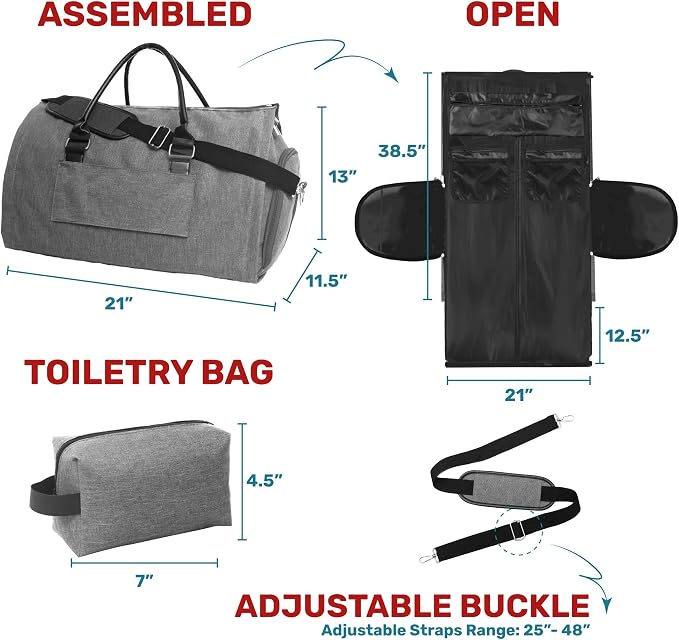 Convertible Garment Duffel Bag for Travel, Large Carry On Weekender Bag with Hanging Clothes Feature, Overnight Travel Duffle Bag for Women with Shoe Compartment (Gray)