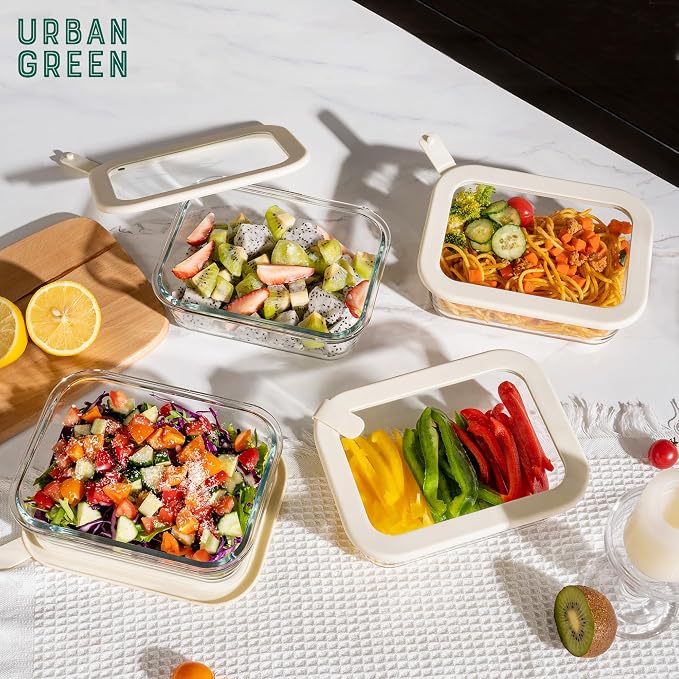 Urban Green Glass Food Storage Containers with Glass Lids, Microwave Safe Food Container Set, Airtight Food Container Set, LeakProof, 100% Plastic Free, White Color, 4pack