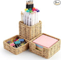 Khaki Paper Rope Woven Desk Organizer Set of 3 Natural Desktop Accessories Pencil Pen Cup Paper Clip Storage and Sticky Note Holder for Women Men Farmhouse Office Home Desktop Table Decor