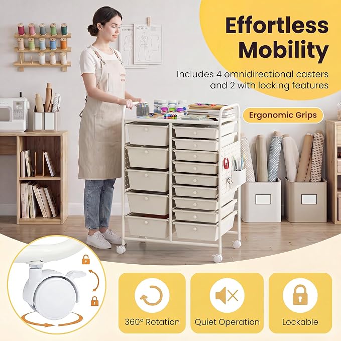 DREAMADE 15-Drawer Rolling Storage Cart, Craft Organizer Cart, White | Mobile Utility Cart with Metal Pegboard Panels, Tabletop and Lockable Wheels for Classroom, Office, Studio and Playroom