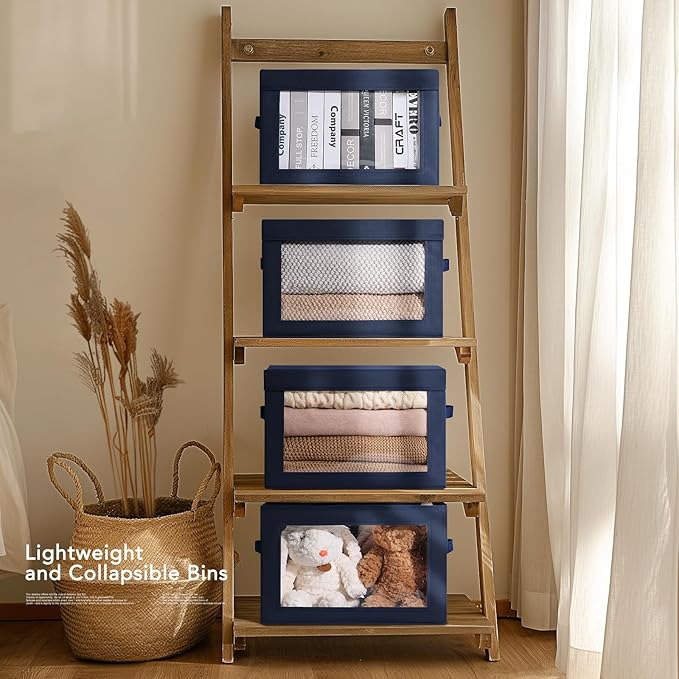 Homsorout Organizing Bins with Lid - 4 Pack Foldable Clear Window Storage Bins, Large Storage Boxes with Handles, Storage Containers for Clothes, Towel, Blanket, Sheet, Navy Blue
