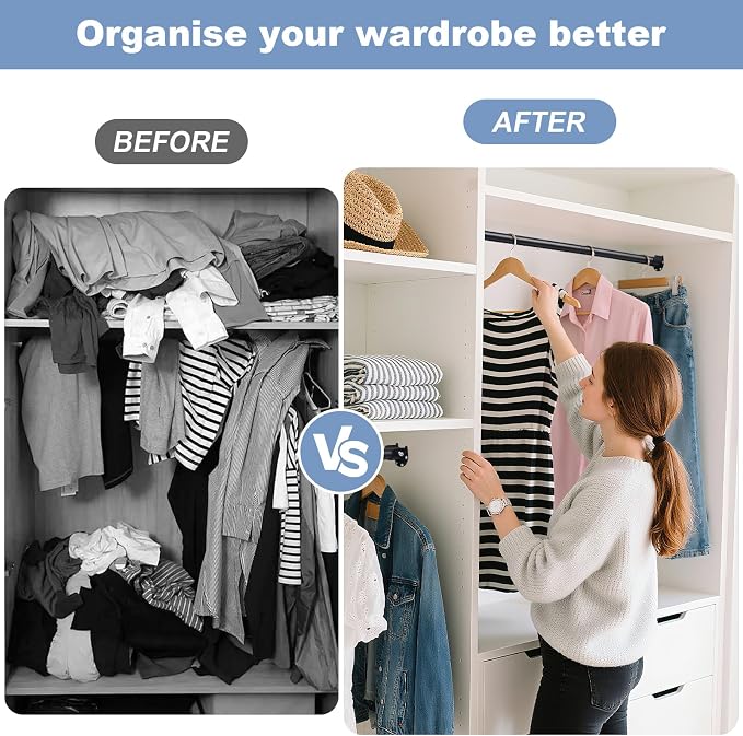 Closet Rods For Hanging Clothes,17-69 Inches Stepless Spring Adjustable Closet Rod With bracket U-shaped,1.3 Inches Heavy Duty Closet Hanging Rod For Wardrobe,Laundry room,Bathroom And Windows