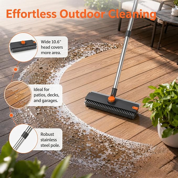 3 in 1 Long Handle Floor Scrub Brush with Squeegee | Adjustable stiff bristle scrubber with squeegee & tweezer, duty multi-surface for shower tile patio kitchen bathtub cleaning