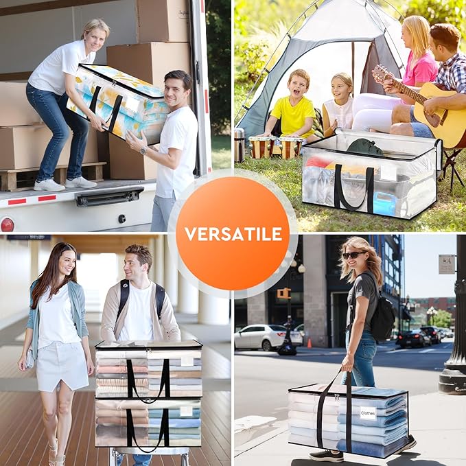 HomeHacks Clear Moving Bags Heavy Duty 4 Pack, Storage Bags with Zipper, Extra Thick Handles & Waterproof Packing Boxes for Moving, Camping, Home Organization 76L/20Gal (28.7"x11.8"x13.8")
