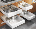 Seinloes 4 Pack Expandable (9"-14") Pull Out Cabinet Organizer 21" Deep With Raising Pad for Framed Cabinets,Upgrade 3 Slide Rails Slide Out Drawers,No Drill Roll Out Shelves Adhesive,White