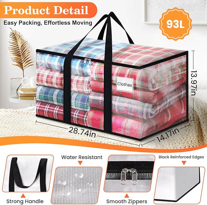 Extra Large Heavy Duty Moving Bags, Storage Bags with Strong Zippers & Handles, Packing Bags for Moving Essentials, Ideal Storage Tote for Home, Dorm & Storage Solutions, 93L, 6 Packs, Clear