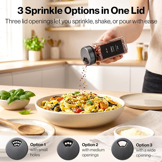 EDELHAUS Glass Spice Jars with Label, Space Gray Sprinkle Lids (24 x 4oz) | Airtight Lids keep spices fresh, Kitchen Spice Drawer Organizer, 4oz Seasoning Containers incl. Funnel, Brush & 240 Labels