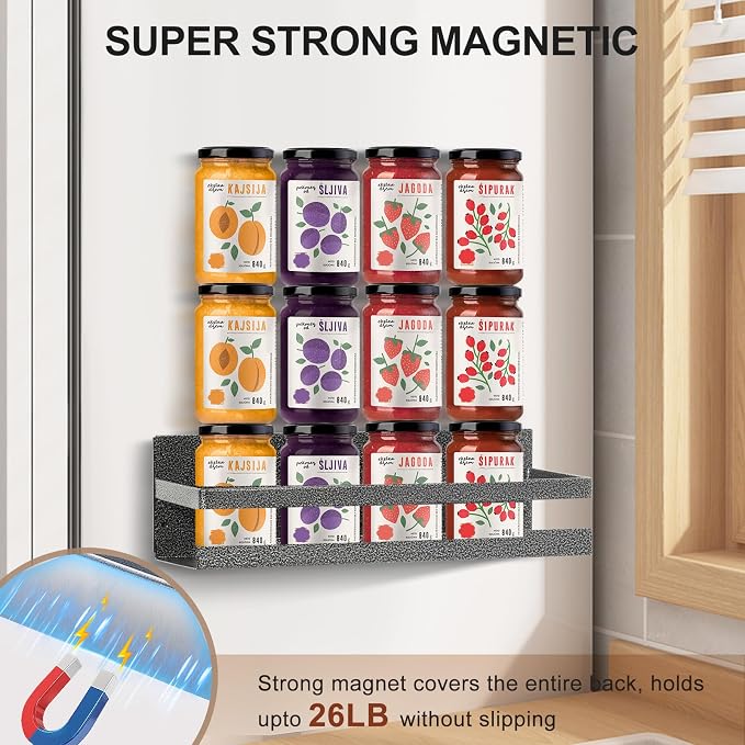Uten Magnetic Spice Rack for Refrigerator 2 Pack, Spice Organizer Kitchen | Strong Metal Magnetic Shelf, Capacity of up to 23lbs,16"*4.5" and 12"*4", Scratch-resistant, Muti- Use, Gray