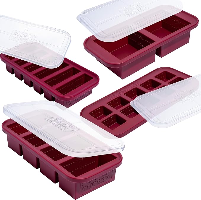 Souper Cubes Silicone Freezer Molds Gift Set, Cranberry | 2 Tbsp, 1/2 Cup, 1 Cup and 2 Cup Silicone Molds for Food Set, Perfect for Freezing Soup, Grains, Proteins, Herbs and More