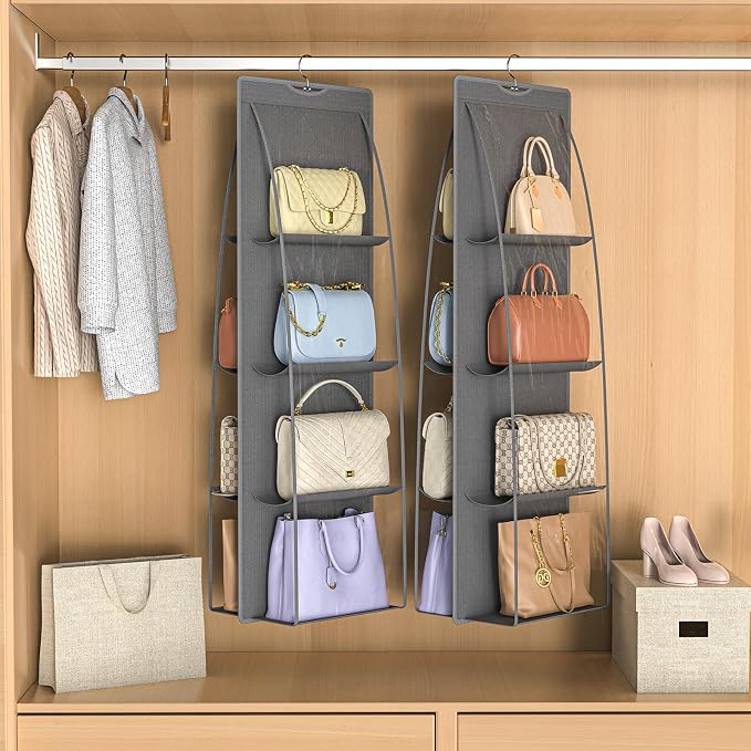 1 Packs 8 Pockets Grey Handbag Hanging Purse Organizer for Closet, Purse Storage, Purse Hanger and Handbag Organizer for Space Saving