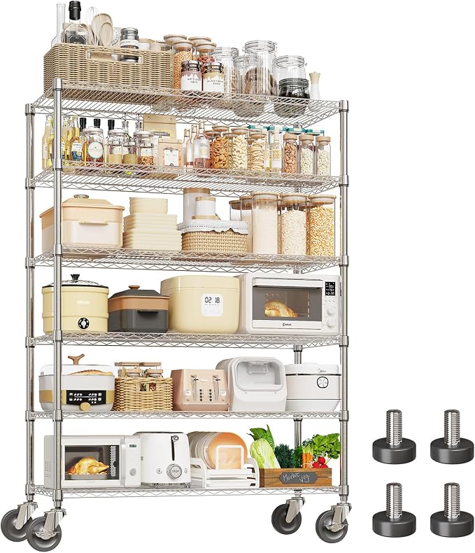 Garvee 6-Tier NSF Metal Wire Shelving with Wheels,47" Wx18 Dx71 H, 2640LBS | Chrome Rolling Shelves, Adjustable, Heavy Duty Shelving Rack, Commercial-grade, for Kitchen Garage Laundry Storage, Silver