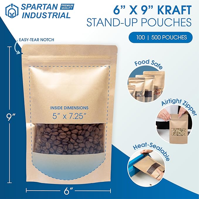 Spartan Industrial - 6" X 9" Kraft Zip Top Food Storage Bags - Pack of 100 Smell-Proof Resealable Pouches for Packaging Coffee, Tea, Spices, Snacks, and More