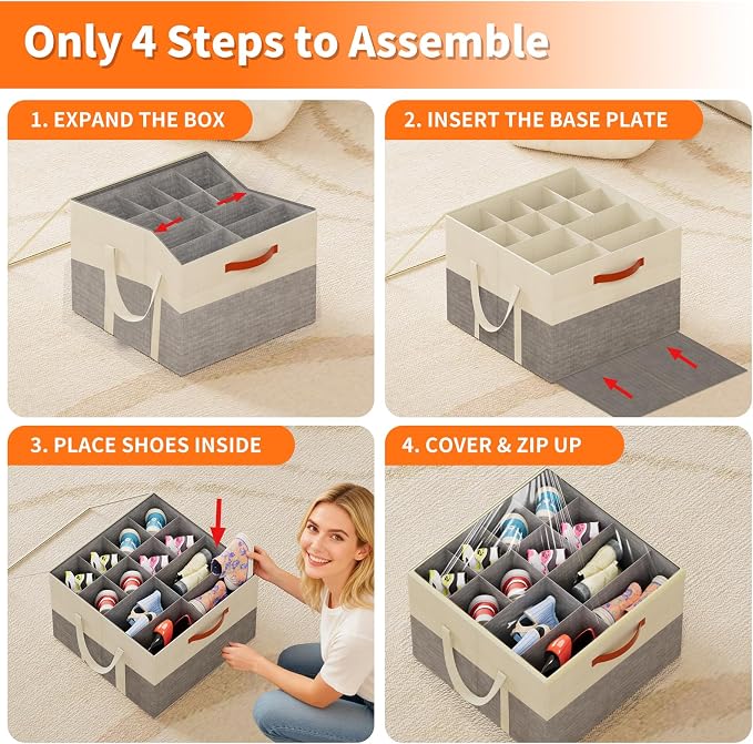 Aokeyee 2 Pack Shoe Organizer for Closet, Foldable Shoe Storage Organizer Box w/Clear Cover and Reinforced Handles, Space Saving Shoes Bin Fits up to 32 Pairs, Beige and Grey