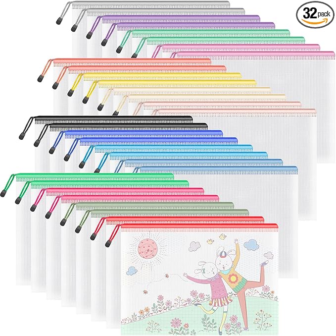 Umriox 32PCS Mesh Zipper Pouch, Zipper Bags for Organizing, A4, Letter Size, Storage Bags for Board Game, Puzzles, School Office Supplies | 16 Colors (2 Per Color), Waterproof Clear PVC Zipper Bags for Classroom Supplies, Puzzles, Receipts and Office S...