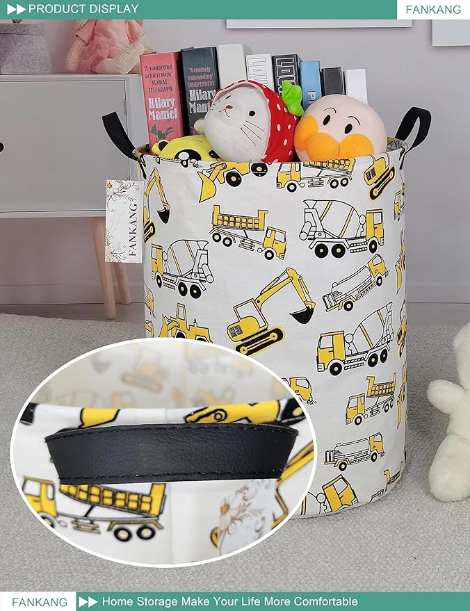 FANKANG Storage Basket, Nursery Hamper Canvas Laundry Basket Foldable with Waterproof PE Coating Large Storage Baskets for Kids Boys and Girls, Office, Bedroom, Clothes,Toys（excavator）
