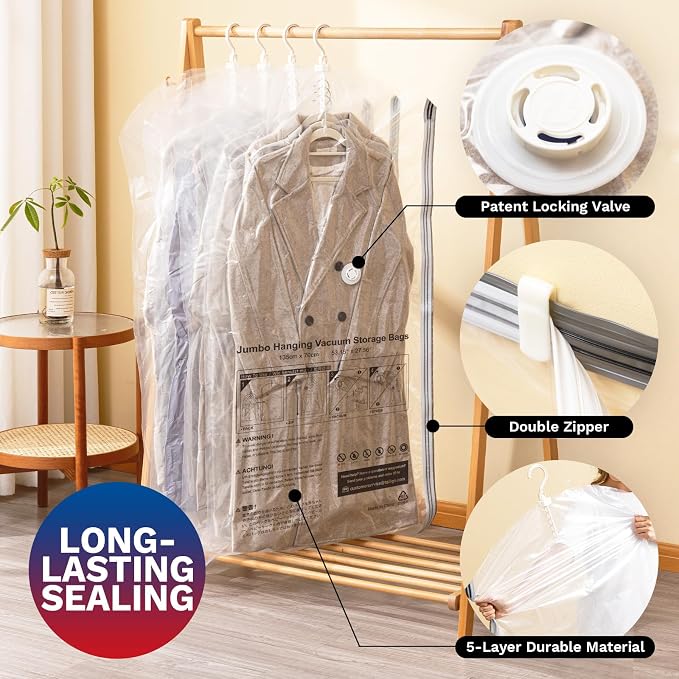 Hanging Vacuum Storage Bags For Clothes with Electric Pump, 6 Pack Large Hanging Space Saver Bags, Vacuum Sealed for Clothing Travel Suits Dress Jackets for Moving Supplies(3 Long, 3 Short)