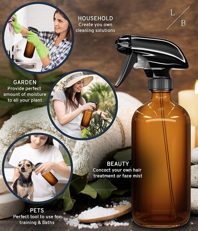 LiBa Amber Glass Spray Bottles 2 Pack 16oz Refillable Adjustable Nozzle | Amber glass blocks UV, safe for essential oils, bleach, vinegar, mist or stream