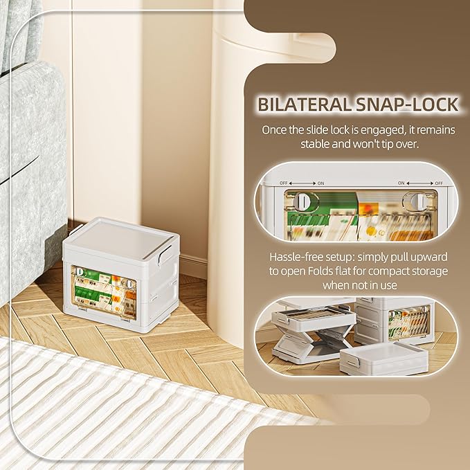 4 QT / 1 Gal Foldable Storage Cabinet with Clear Double Doors Organizer, Transparent Front & Back, Pull to Setup, Rolling Storage Bin for Closet/Living Room