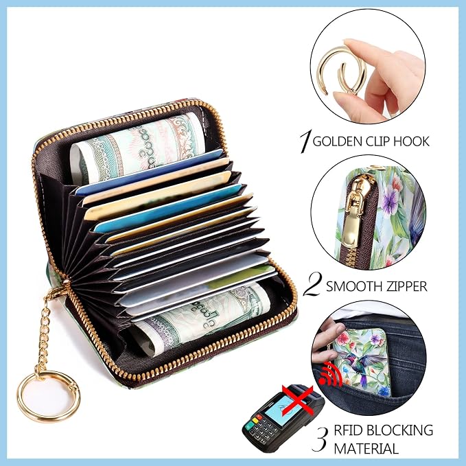 Blusabaca Women Credit Card Holder, Small RFID Wallet with Wristlet Strap | Removable Keychain, Case with Zipper, Vegan PU Leather, Cash Coin Pocket, Business Accordion Purse, Ladies Female Gift