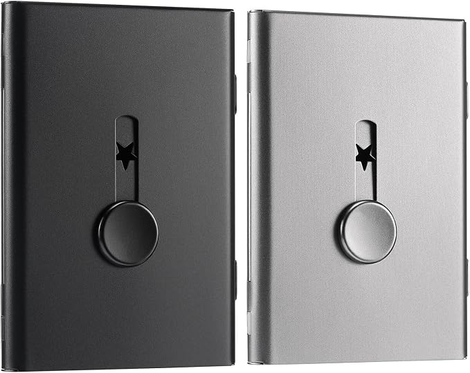 Tatuo 2 Pcs Business Card Holder Thumb Drive Black Gray Stainless Steel Business Name Card Case Portable Slide out Name Holder Wallet Nice Design Pocket for Men and Women