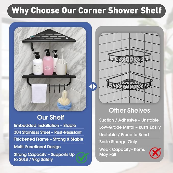Corner Shower Shelf, 10'' Shower Corner Shelf with Towel Bar & Hooks, 304 Stainless Steel Recessed Bathroom Shelves, No Drilling for Tiled Wall, 2-Pack (Matte Black)