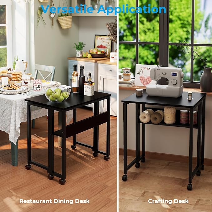 GreenForest Folding Desk with Wheels, 31.5" Rolling Table for Small Spaces | Storage Shelf, Lockable Casters, Compact Portable Workstation, Space-Saving Foldable Sofa Table, Home Office, Mobile, Black